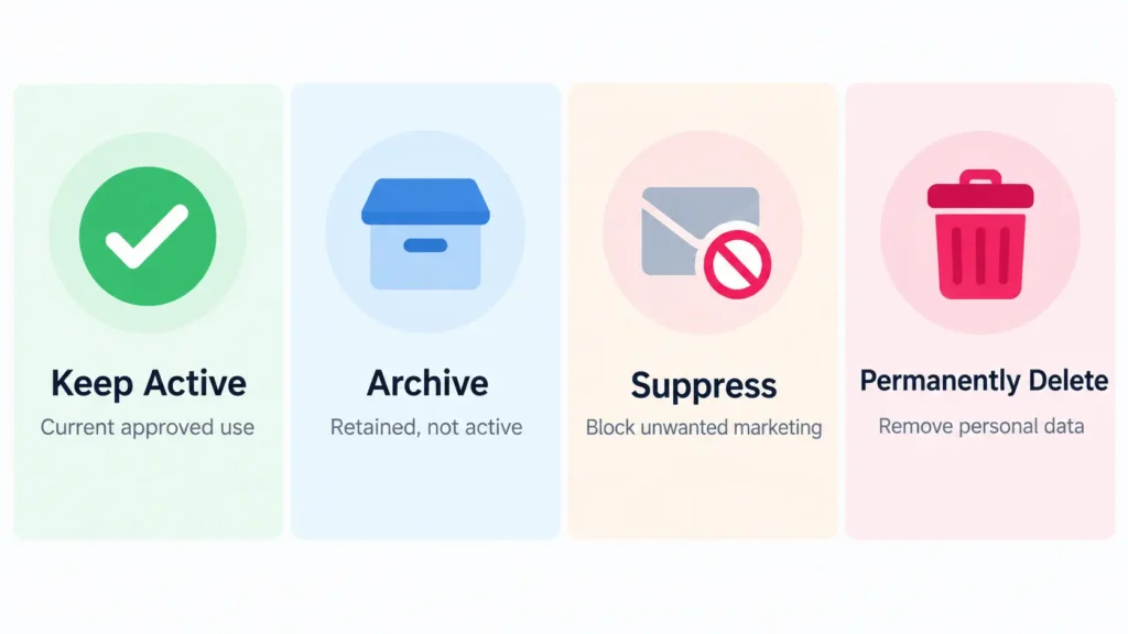 Comparison of four old contact record outcomes: keep active, archive, suppress and permanently delete