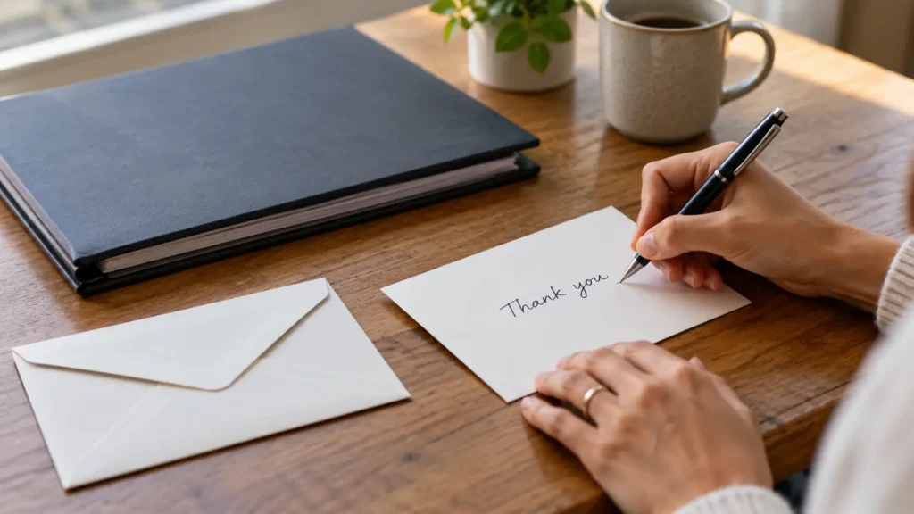 Hands preparing a simple thank-you card beside completed work for a virtual assistant