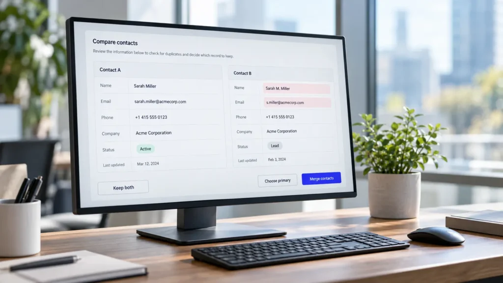 CRM contact records being compared before a duplicate merge
