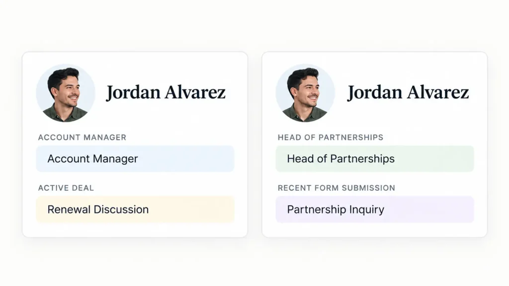 Comparison of two fictional Jordan Alvarez CRM records with differing job titles and activity histories
