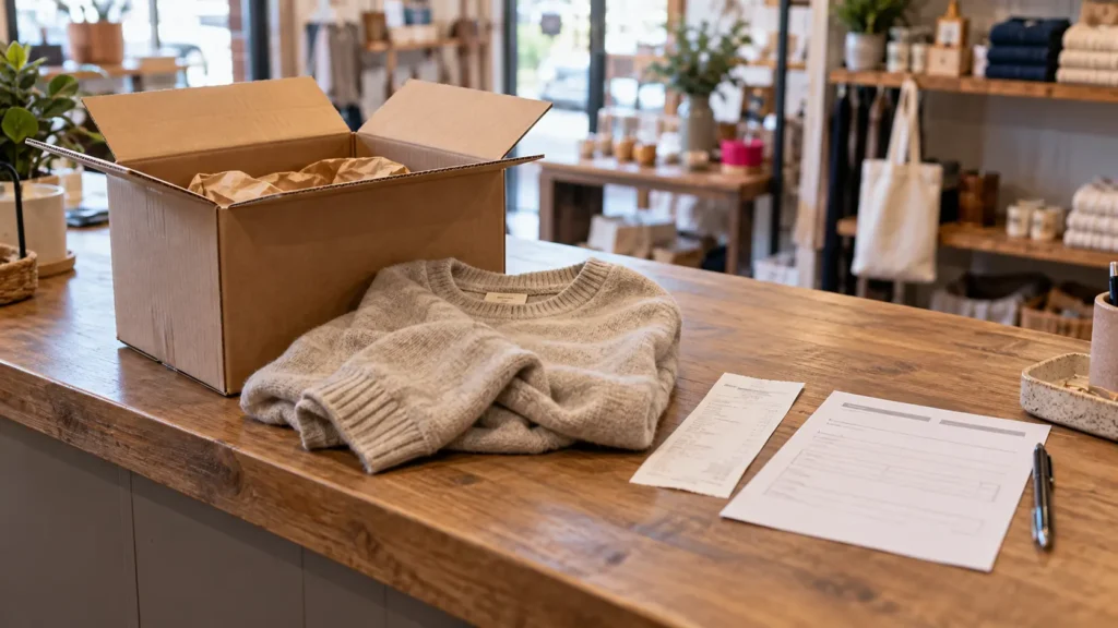 Returned product and paperwork awaiting review at a small business customer service counter