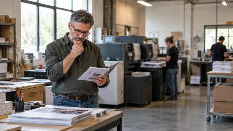 Small-business owner reviewing workforce research while observing daily operations in a production workspace