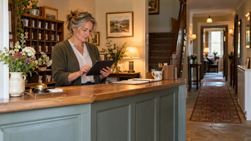 Small hotel owner checking guest arrival information at reception