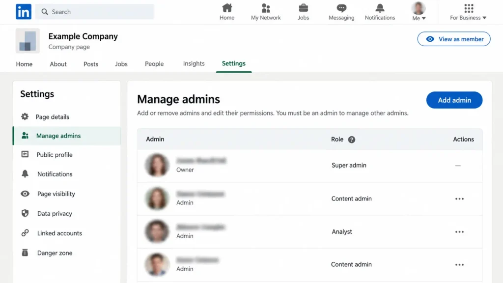 LinkedIn Company Page admin settings showing where administrator access is managed