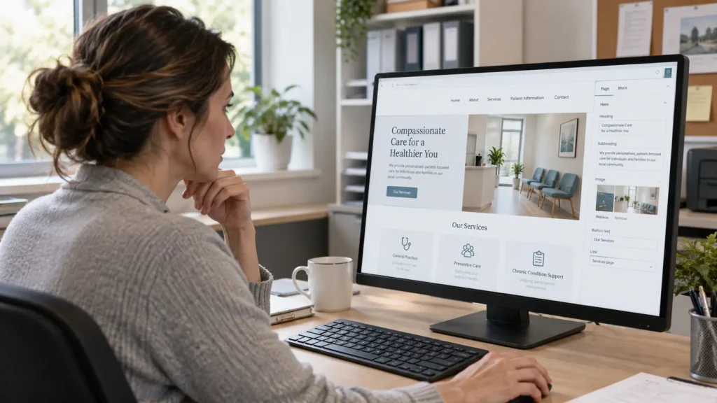 Public medical practice website being updated on a computer in a nonclinical workspace