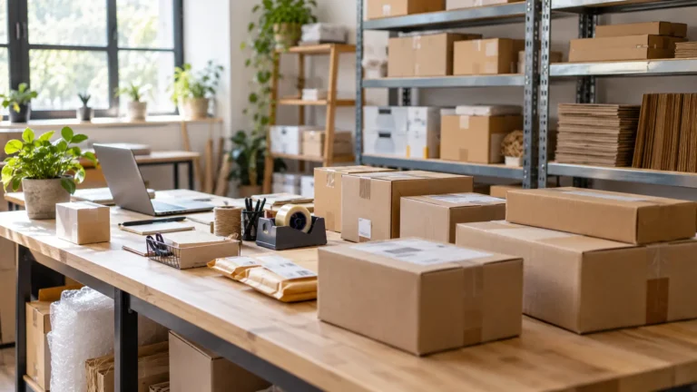 Small e-commerce fulfillment station with outgoing orders waiting to be processed