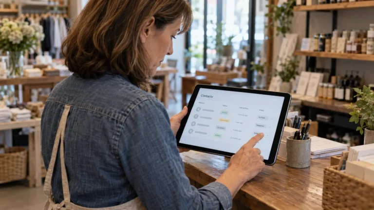 Small-business operator reviewing customer contact statuses on a tablet at a retail counter