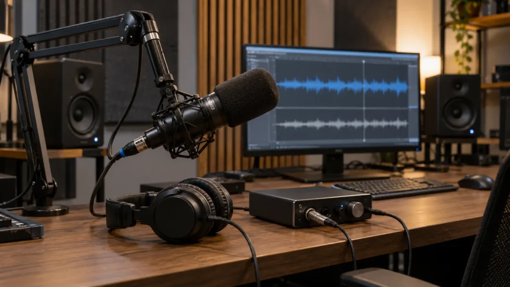 Podcast production workspace with microphone, headphones, audio interface and audio-editing screen