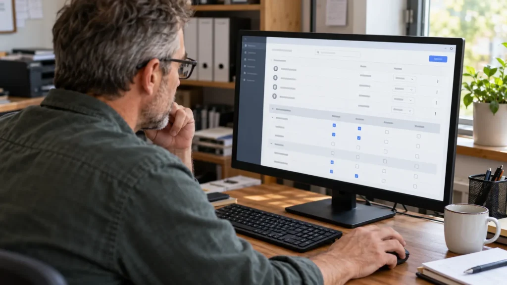 Business owner reviewing user permissions in accounting software before inviting a virtual assistant