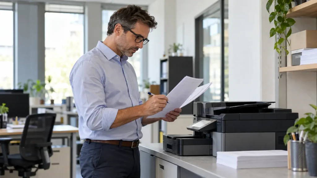 Professional reviewing a completed document against task instructions before accepting the work