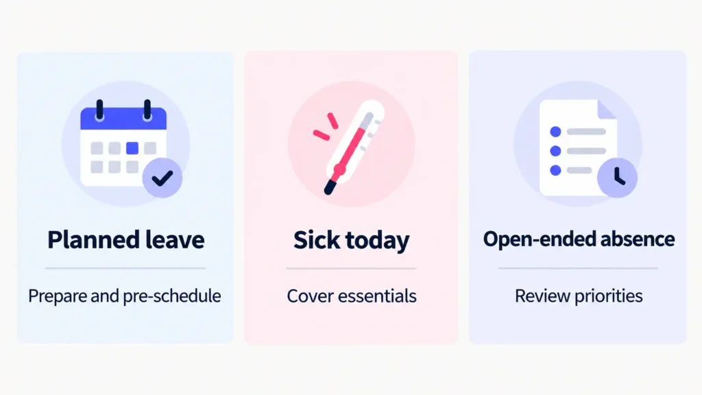 Three scenarios for a virtual assistant absence: planned leave, sudden sickness and open-ended leave, with the corresponding coverage response