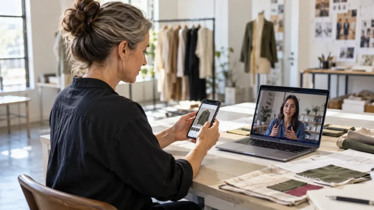 Business owner reviewing a prepared action with a remote virtual assistant before approval