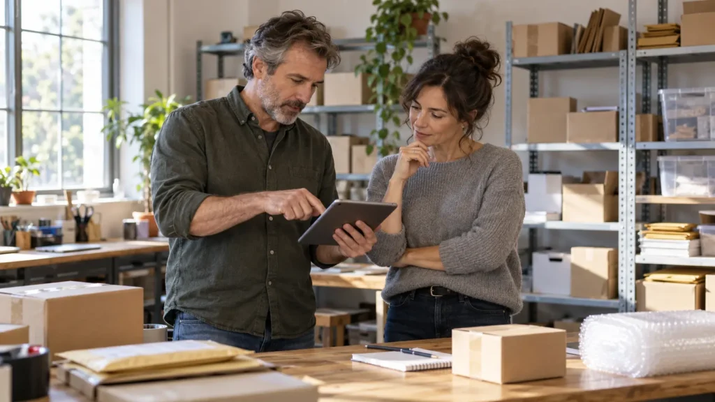 Business owner and colleague reviewing temporary task coverage on a tablet in a small fulfilment workspace
