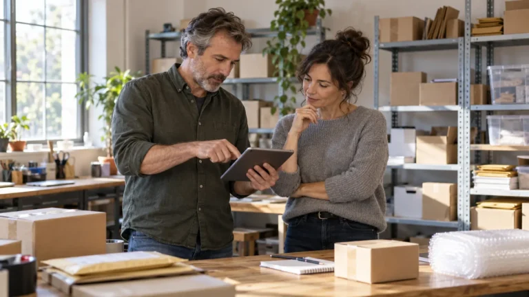 Business owner and colleague reviewing temporary task coverage on a tablet in a small fulfilment workspace