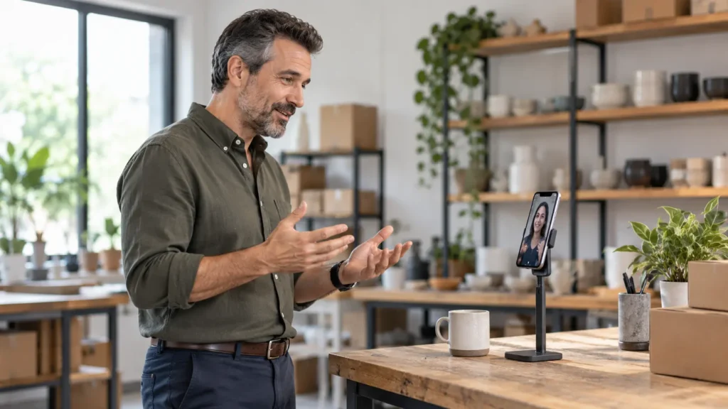 Business owner having a weekly video check-in with a remote virtual assistant