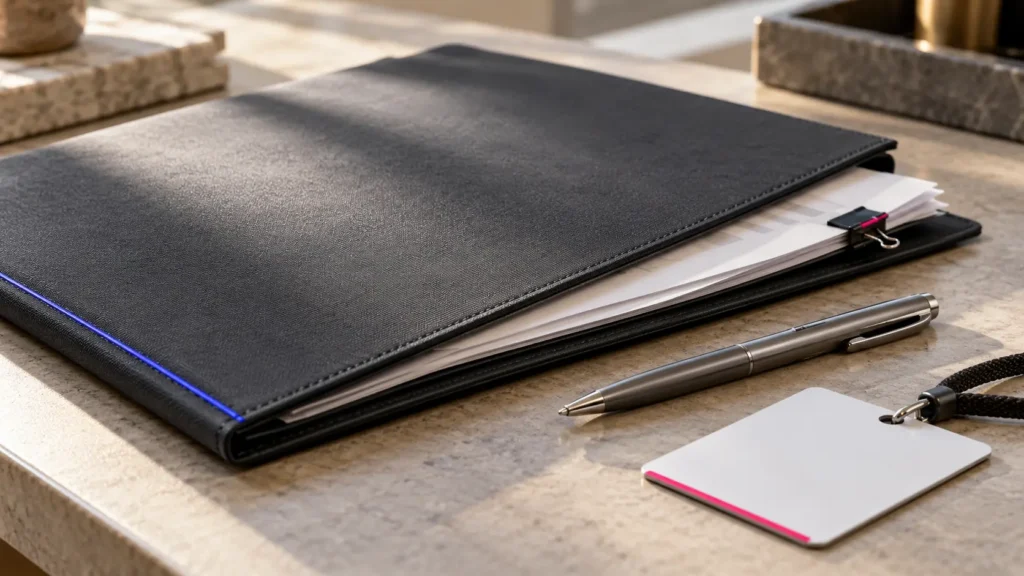 Virtual assistant contract documents prepared with an access keycard and pen