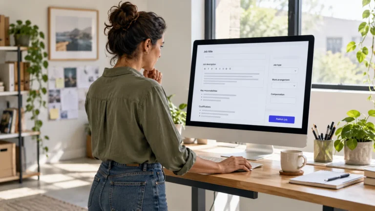 Small-business owner reviewing a virtual assistant job-post draft before publishing