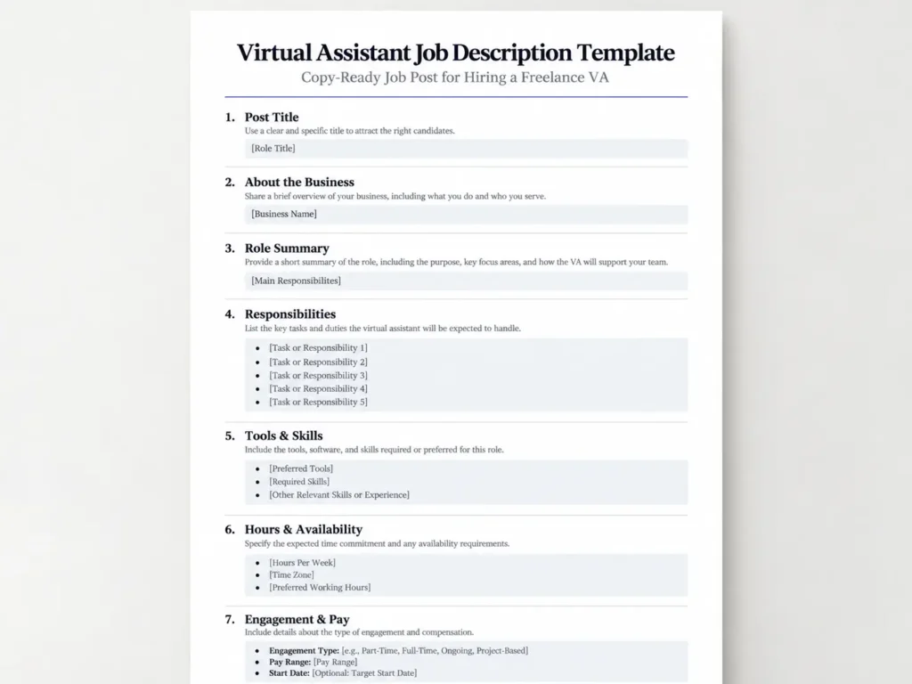 Preview of the editable virtual assistant job description template showing its title and blank hiring fields