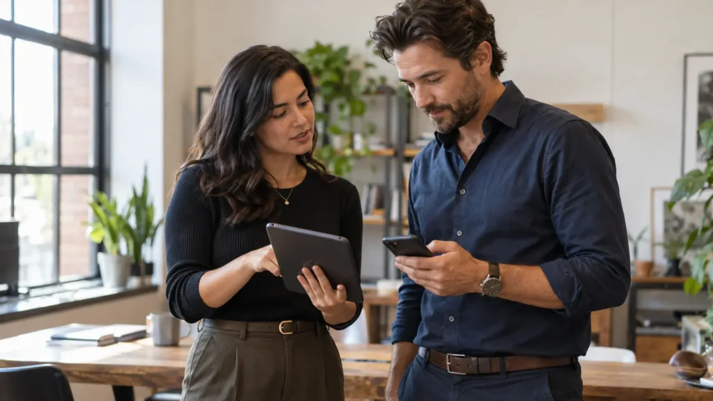 Virtual assistant reviewing prepared LinkedIn outreach drafts with a business owner who retains control of their account