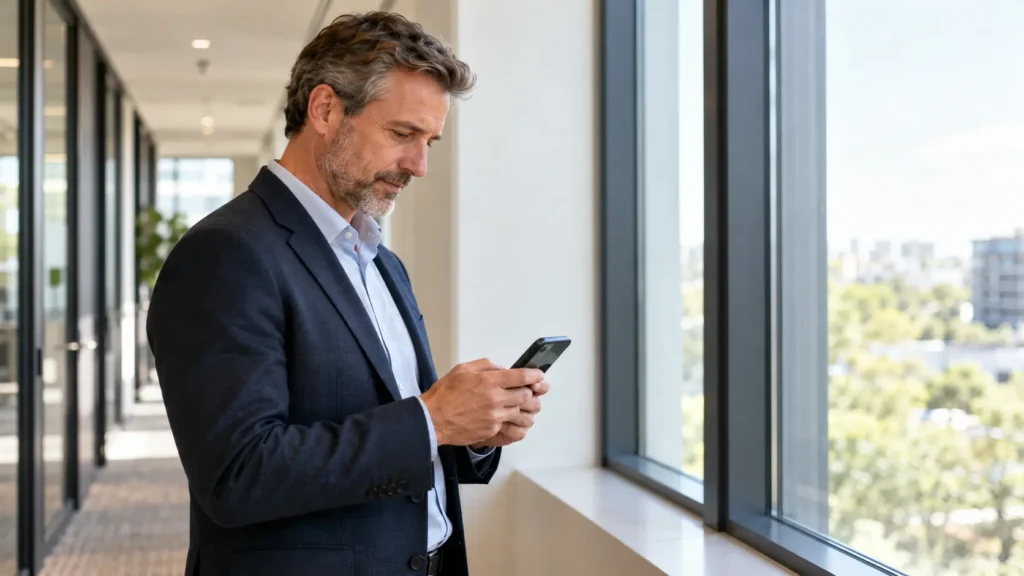 Business owner reviewing a message on a smartphone before sending it to a virtual assistant