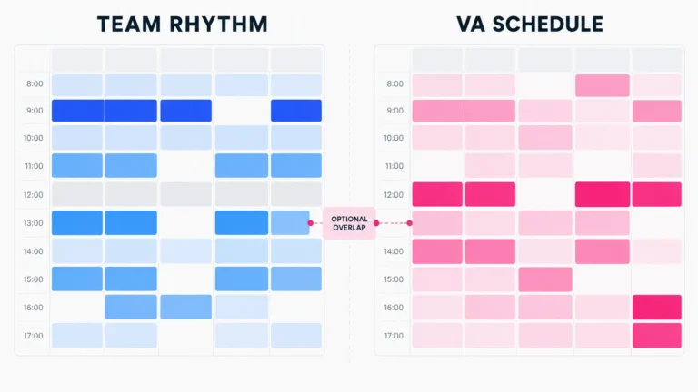 Two weekly schedules showing an optional overlap between a business team and an independent virtual assistant