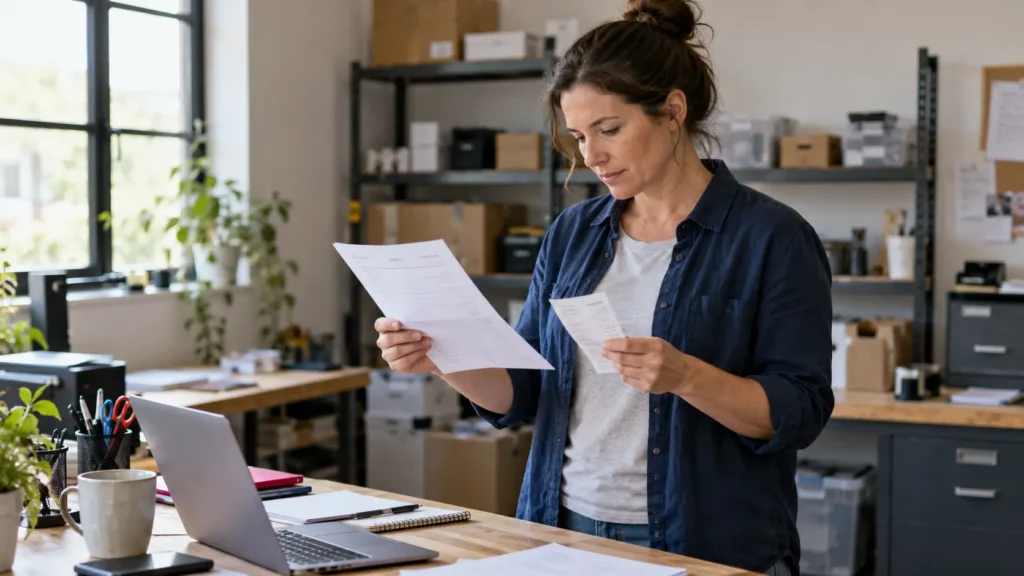 Small-business owner reviewing a virtual assistant timesheet and expense receipt before approving a billing period.