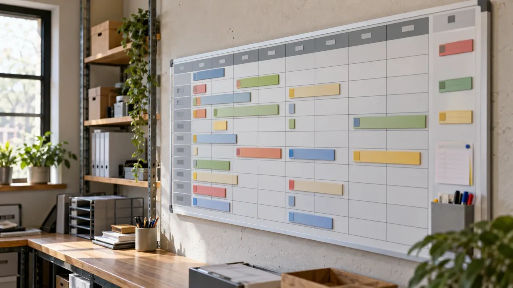 Wall-mounted business planning board with tasks reorganized into a more manageable schedule