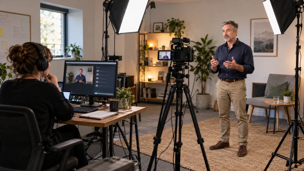 Webinar presenter speaking to a camera while an assistant monitors the live session
