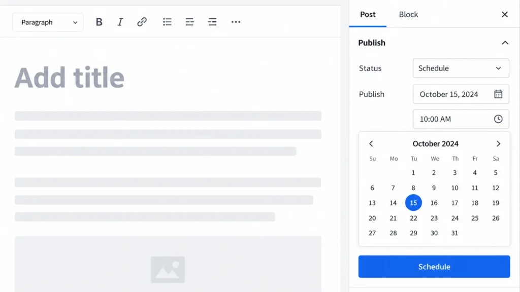 WordPress Post settings showing the Publish date and time control