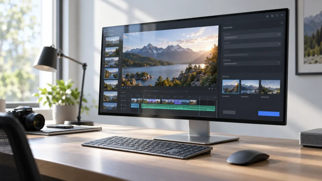 Finished video preview and publishing details displayed on a desktop monitor